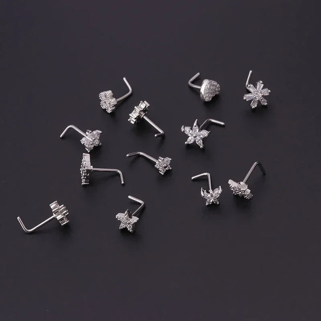 Gold/Silver Nose Rings Studs for Women, 20G Surgical Steel Hypoallergenic Nose Ring L Shaped Hypoallergenic CZ Piercing Jewelry