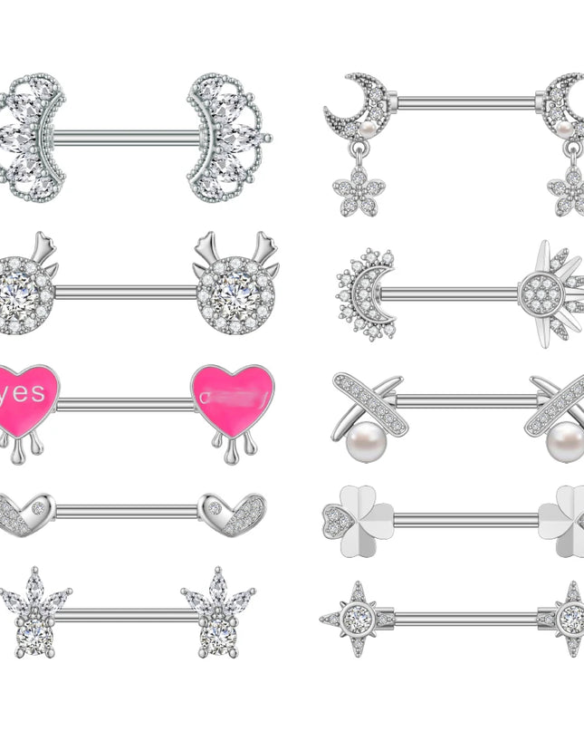 2pcs Lettering Sexy Nipple Piercing Jewelry Buttefly Cat Flower Dangled Stainless Steel Nipple Rings for Women Girls 1.6*16mm