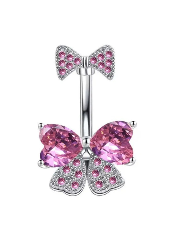 Elegant Belly Button Rings Stainless Steel Crystal Navel Piercing Jewelry Body Jewelry Barbell Style Pink Bow Belly Rings