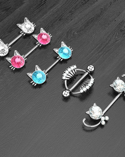 2pcs Lettering Sexy Nipple Piercing Jewelry Buttefly Cat Flower Dangled Stainless Steel Nipple Rings for Women Girls 1.6*16mm