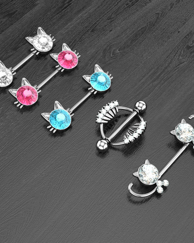 2pcs Lettering Sexy Nipple Piercing Jewelry Buttefly Cat Flower Dangled Stainless Steel Nipple Rings for Women Girls 1.6*16mm