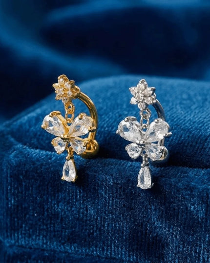 Zircon Bow Belly Button Rings Flower Head Butterfly Design Dangle Belly Rings 316 Stainless Steel Cute Reversed Navel Rings
