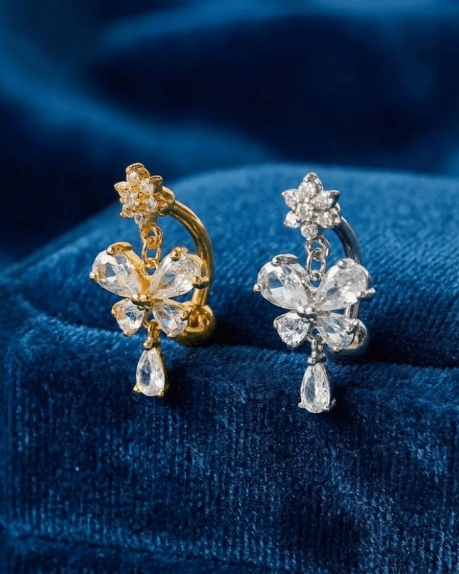 Zircon Bow Belly Button Rings Flower Head Butterfly Design Dangle Belly Rings 316 Stainless Steel Cute Reversed Navel Rings
