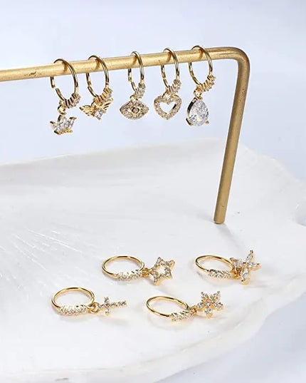 Nose Rings Hoop for Women Men Body Piercing Jewelry Cartilage Earring Nose Dangling CZ Cross Crown Starfish Dangle Nose Ring