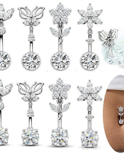 1 Pcs Stainless Steel Belly Button Rings With Shiny Butterfly Flower Dangle For Daily Wear Beach Party Piercing Jewelry Gift