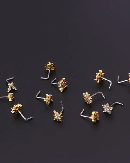 Gold/Silver Nose Rings Studs for Women, 20G Surgical Steel Hypoallergenic Nose Ring L Shaped Hypoallergenic CZ Piercing Jewelry