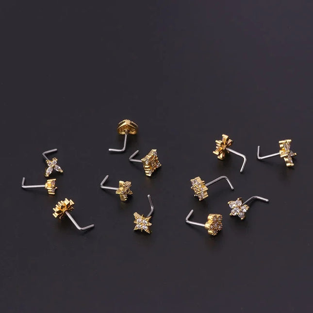 Gold/Silver Nose Rings Studs for Women, 20G Surgical Steel Hypoallergenic Nose Ring L Shaped Hypoallergenic CZ Piercing Jewelry