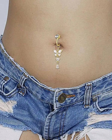 Butterfly Design Clip On Belly Button Zircon Stainless Steel Fake Belly Ring Non Piercing Faux Belly Piercing Fashion Accessory