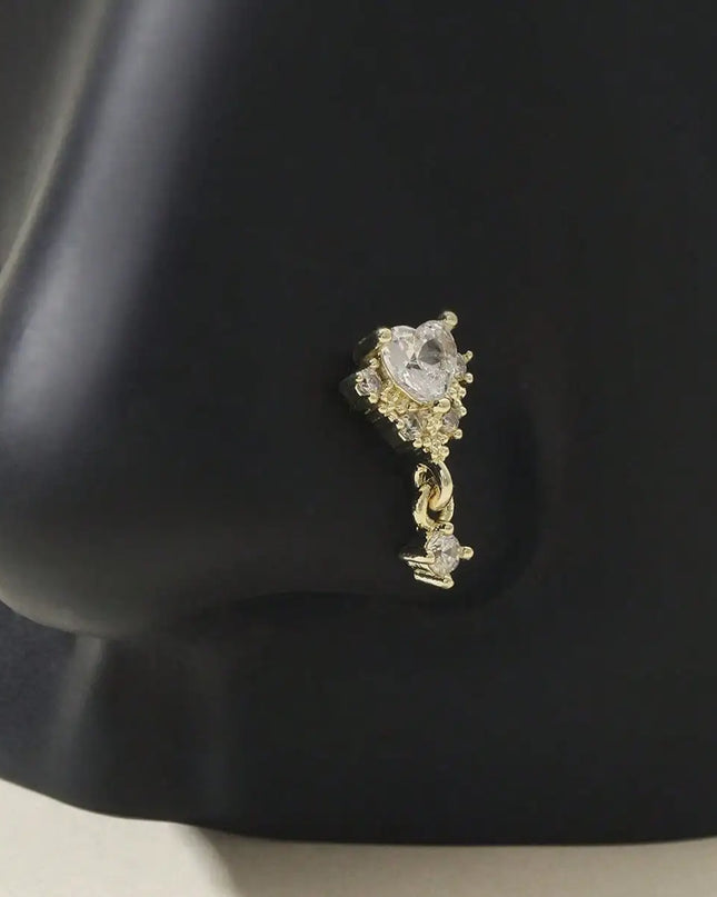 1 L-shaped heart-shaped CZ nose nail, shiny cubic zirconia cute perforated nose ring, silver and gold, suitable for women