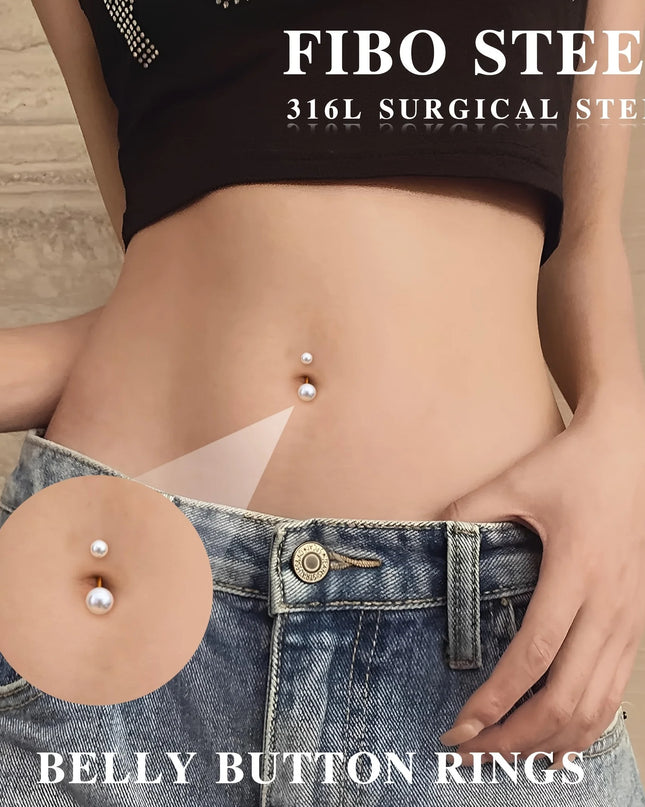 Elegant 14G Stainless Steel Belly Button Ring Set for Women Sparkling Cubic Zirconia Pearl Inlays for Daily Wear Navel Jewelry