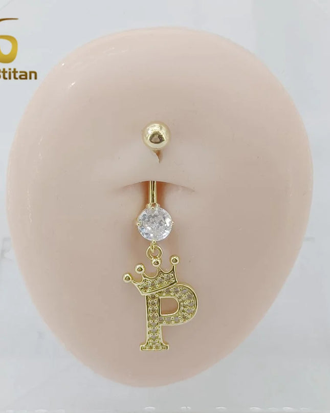 A-Z 26 Letter Initial Belly Button Rings 14G Titanium Curved Barbell Golden Zircon Navel Piercing Body Jewelry Women Accessories
