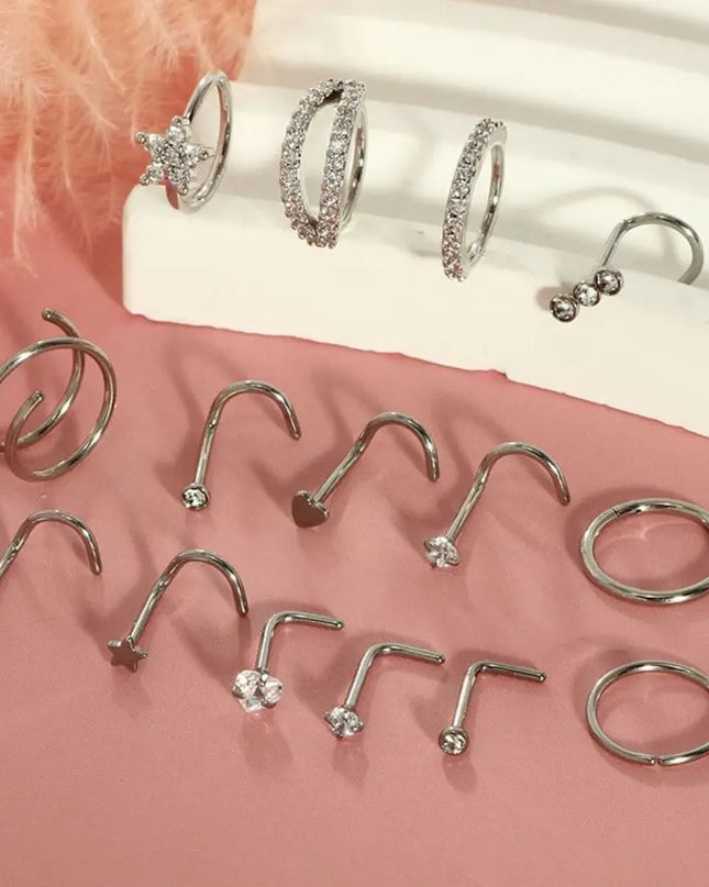 15Pcs Mixed Double Nose Rings L Ring Hoop Hypoallergenic Body Clips Hoop Rhinestone Nose Piercing Jewelry Piercing Studs