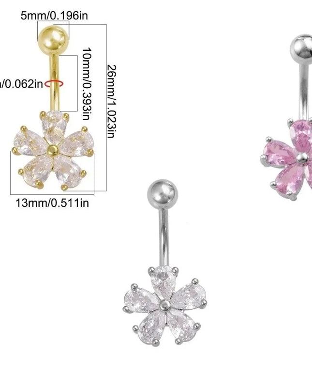 Beach Simple Belly Button Rings Stainless Steel Flower Navel Ring Crystal Zircon Body Piercing Jewelry For Women