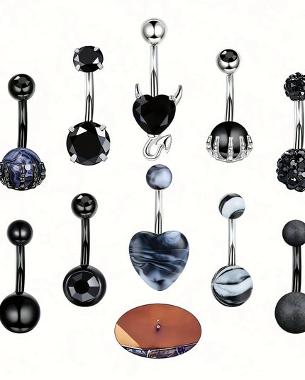 Black Belly Button Rings 10mm Surgical Steel 14G Belly Navel Rings Heart Zircon Crystal Turquoise Acrylic Belly Piercing Jewelry