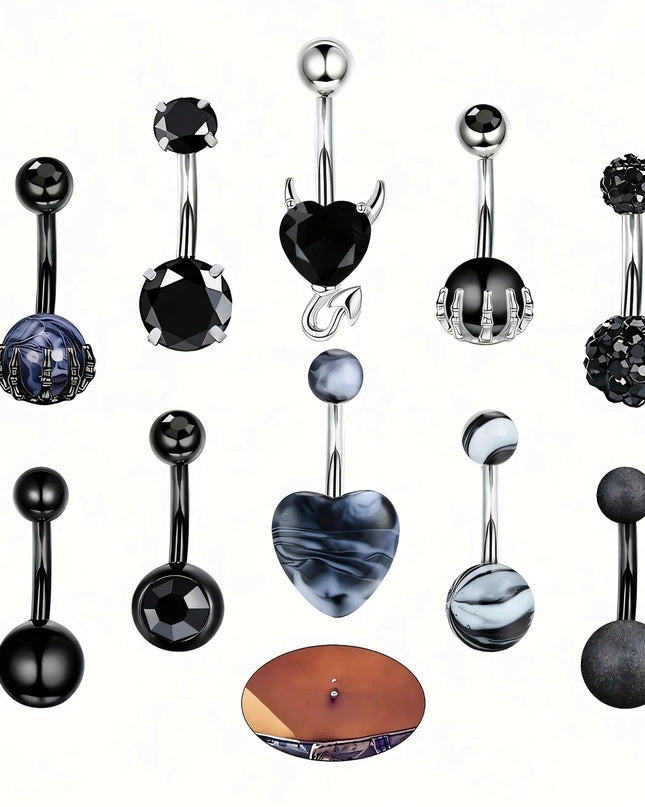 Black Belly Button Rings 10mm Surgical Steel 14G Belly Navel Rings Heart Zircon Crystal Turquoise Acrylic Belly Piercing Jewelry