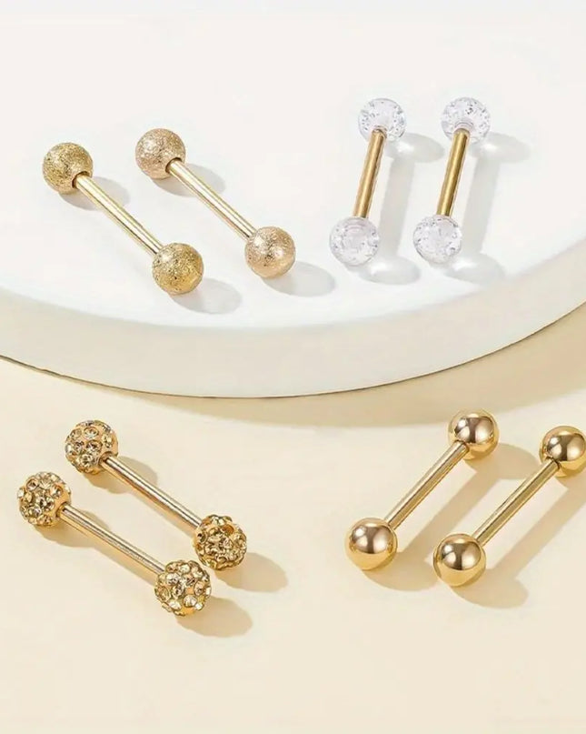 2pcs/8pcs Stainless Steel Nipple Ring Set with Rhinestones Round Balls Piercing For Woman Man Tongue Nail Stud Jewelry