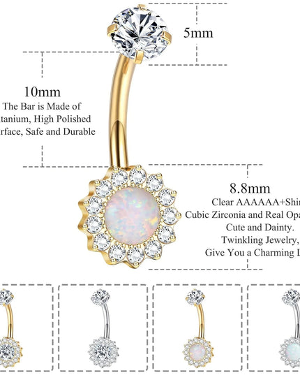 G23 Titanium Belly Button Ring for Women Cubic Zirconia Opal 14G Gold Plated Belly Ring Hypoallergenic for New Piercing With Box