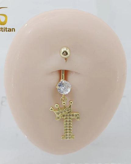 A-Z 26 Letter Initial Belly Button Rings 14G Titanium Curved Barbell Golden Zircon Navel Piercing Body Jewelry Women Accessories