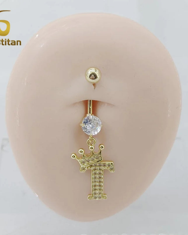A-Z 26 Letter Initial Belly Button Rings 14G Titanium Curved Barbell Golden Zircon Navel Piercing Body Jewelry Women Accessories