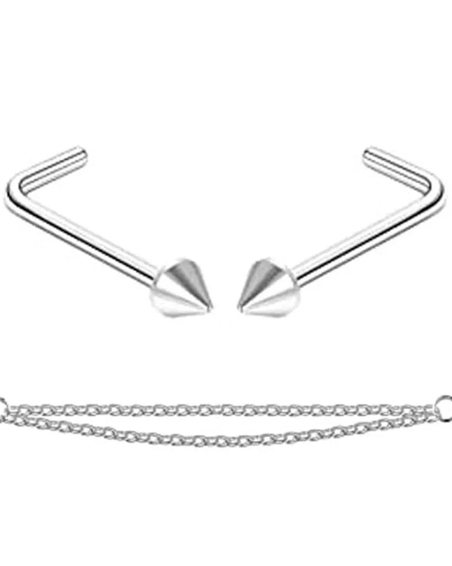 Nose Rings Chain Piercing Across Double with Chain Studs with Chain 20G Piercing Stud Nostril Jewelry for Women Men
