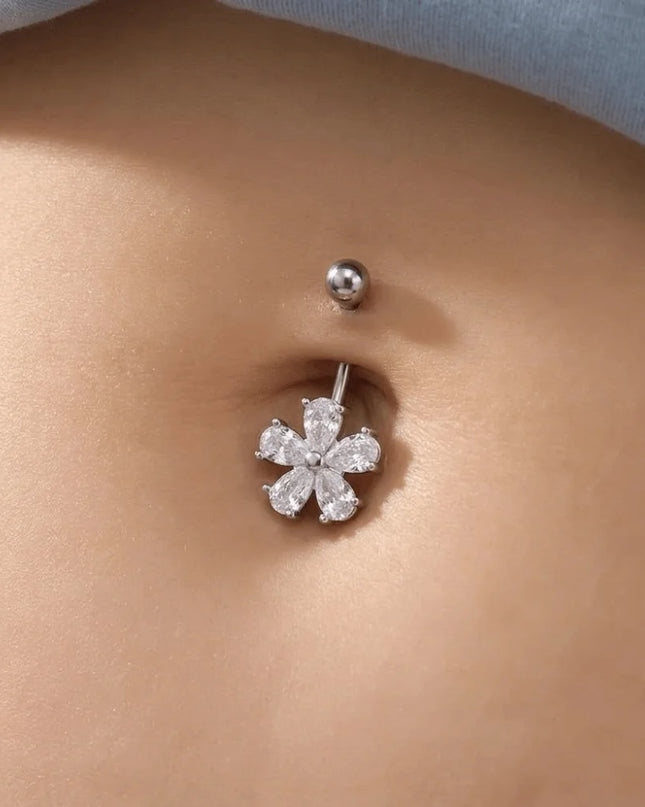 Beach Simple Belly Button Rings Crystal Flower Navel Ring Stainless Steel Zircon Body Piercing Jewelry Sexy