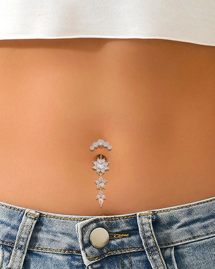 Golden Belly Button Rings 316L Surgical Steel Drop Dangle Navel Ring Flower Zircon Crystal Navel Belly Piercing Fashion Jewelry