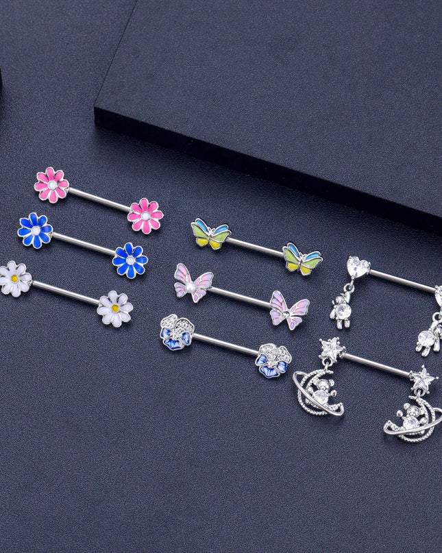 2pcs Heart Bear Dangled Nipple Piercings Screwed 14G Flower Butterfly Shield Bar Barbell Nipple Ring Piercing Nombril Jewelry