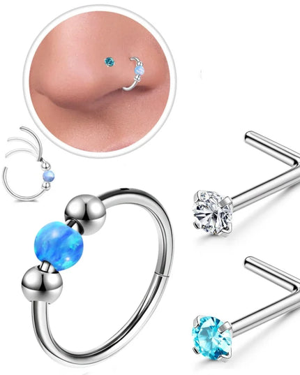 316L Stainless Steel Opal Bead Nose Ring Hoop L-Shaped CZ Nose Stud Set Septum Piercing Nose Jewelry
