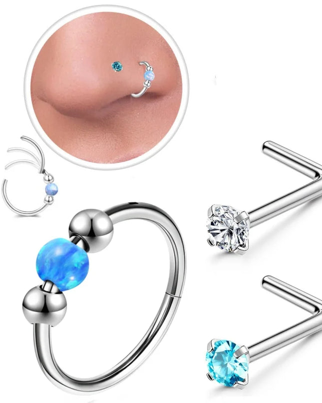 316L Stainless Steel Opal Bead Nose Ring Hoop L-Shaped CZ Nose Stud Set Septum Piercing Nose Jewelry