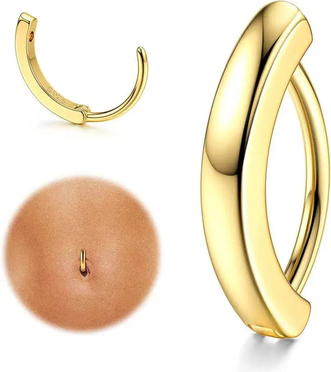 18K Gold Plated Belly Button Rings for Women 925 Sterling Silver Belly Button Ring Curved CZ Clip-on Belly Ring Piercing Jewelry