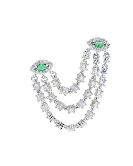 Double Piercing CZ Tassel Chain Earring For Women Fashion Green Evil Eye Two Stud Elegant Female Jewelry