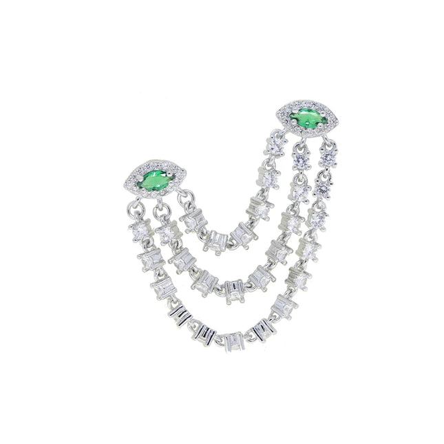 Double Piercing CZ Tassel Chain Earring For Women Fashion Green Evil Eye Two Stud Elegant Female Jewelry