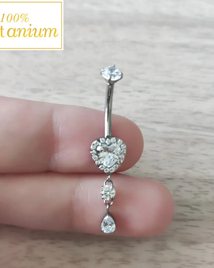 F136 Titanium Zircon Heart Dangle Belly Button Rings 14G CZ Paved Top Threaded Curved Barbell Women Sexy Navel Piercing Jewelry