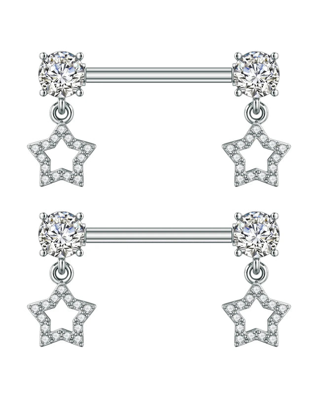 2pcs Cute Bear Butterfly Dangle Nipple Piercings Stainless Steel Cross Star Hanging Nipple Shield Barbell for Women Nipple Rings