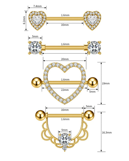 2PCS Both Sides Screwed Heart Nipple Piercings 5 Crystal CZs Nipple Ring Nipple Shield Barbell for Women Body Piercing Nombril