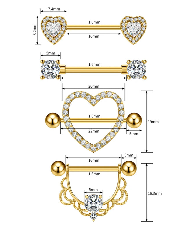 2PCS Both Sides Screwed Heart Nipple Piercings 5 Crystal CZs Nipple Ring Nipple Shield Barbell for Women Body Piercing Nombril