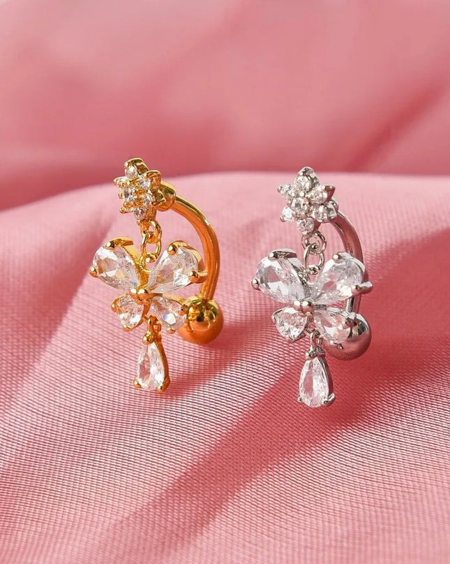 Zircon Bow Belly Button Rings Flower Head Butterfly Design Dangle Belly Rings 316 Stainless Steel Cute Reversed Navel Rings
