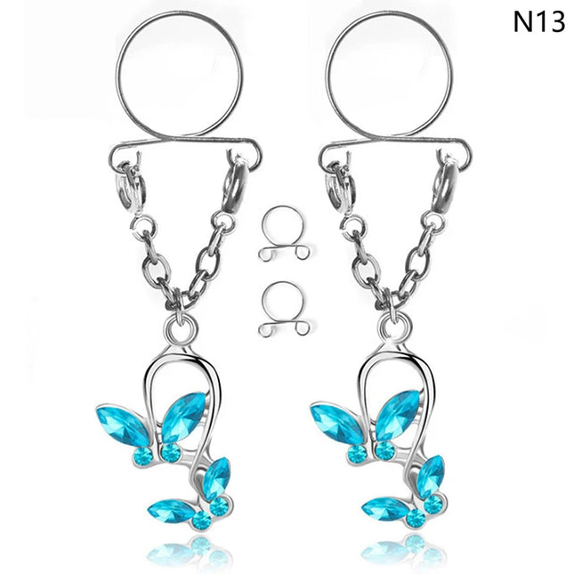 1 Pair New Fake Nipple Ring Sexy Tassel Crystal Butterfly Pendant For Women Girls Adjustable Faux Nipple Piercing Body Jewelry