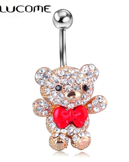 Blucome Red Bow Tie Little Bear Belly Button Rings Body Piercing Jewelry Women 316L Surgical Steel Piercing 14G 1.6mm Bar
