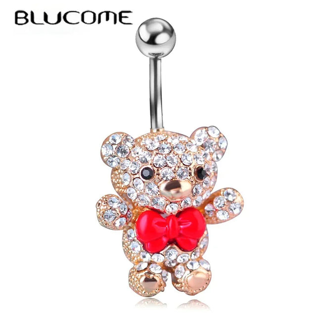 Blucome Red Bow Tie Little Bear Belly Button Rings Body Piercing Jewelry Women 316L Surgical Steel Piercing 14G 1.6mm Bar
