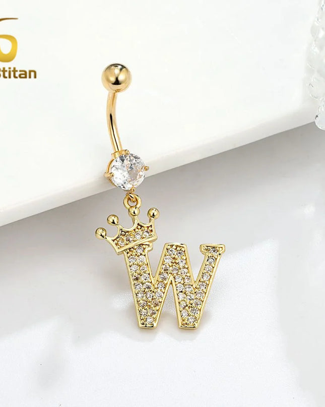 A-Z 26 Letter Initial Belly Button Rings 14G Titanium Curved Barbell Golden Zircon Navel Piercing Body Jewelry Women Accessories
