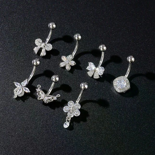 Women's Sexy Belly Button Ring Stainless Steel Navel Piercing with Butterfly Flower Design Body Jewelry