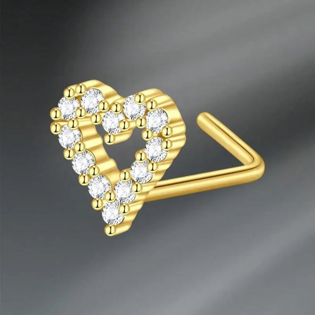 L Shaped Nose Studs Rings Cute Heart Moon Shiny Zircon Gold Silver Color Nose Piercing For Women Girl Nostril Jewelry