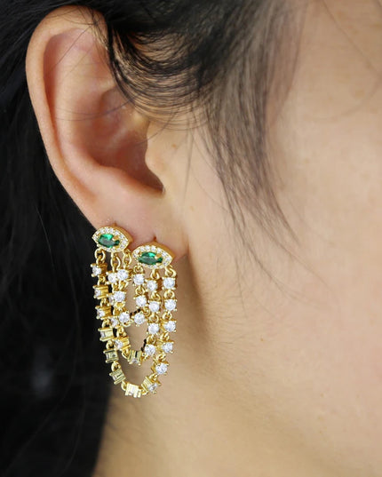 Double Piercing CZ Tassel Chain Earring For Women Fashion Green Evil Eye Two Stud Elegant Female Jewelry