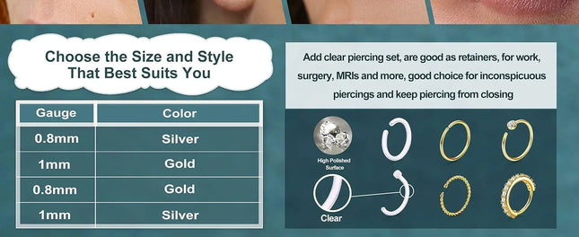 Bobisty 1Pc Nose Rings for Women Men Surgical Stainless Steel Retainer Clear Nose Rings Hoops Cartilage Tragus Piercing Jewelry