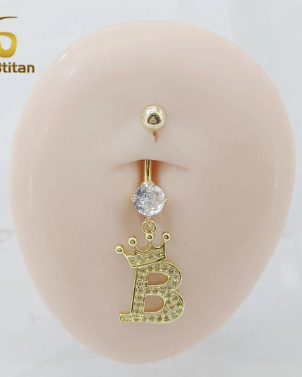 A-Z 26 Letter Initial Belly Button Rings 14G Titanium Curved Barbell Golden Zircon Navel Piercing Body Jewelry Women Accessories