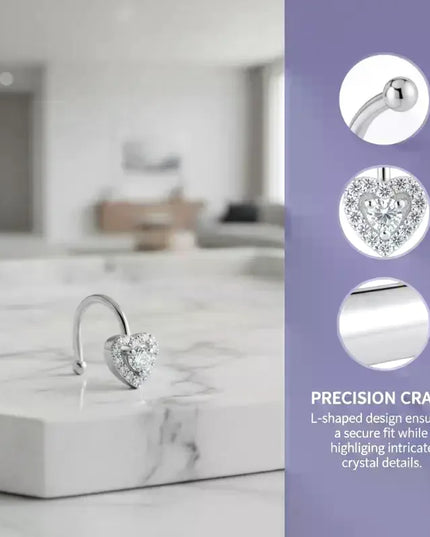 L Shaped Nose Studs Rings Cute Heart Moon Shiny Zircon Gold Silver Color Nose Piercing For Women Girl Nostril Jewelry