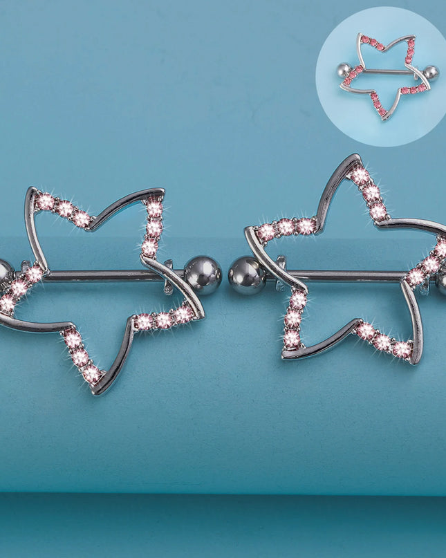 2pcs Nipple Ring Barbell Rhinestone Paved Star Shape Nipplerings Piercing Stainless Steel 14G Nipple Rings Shields Body Piercing