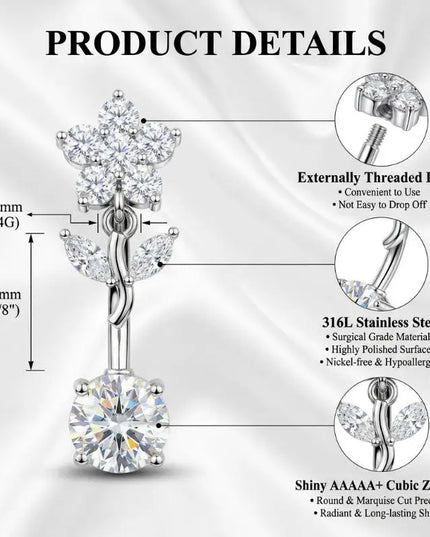 1 Pcs Stainless Steel Belly Button Rings With Shiny Butterfly Flower Dangle For Daily Wear Beach Party Piercing Jewelry Gift