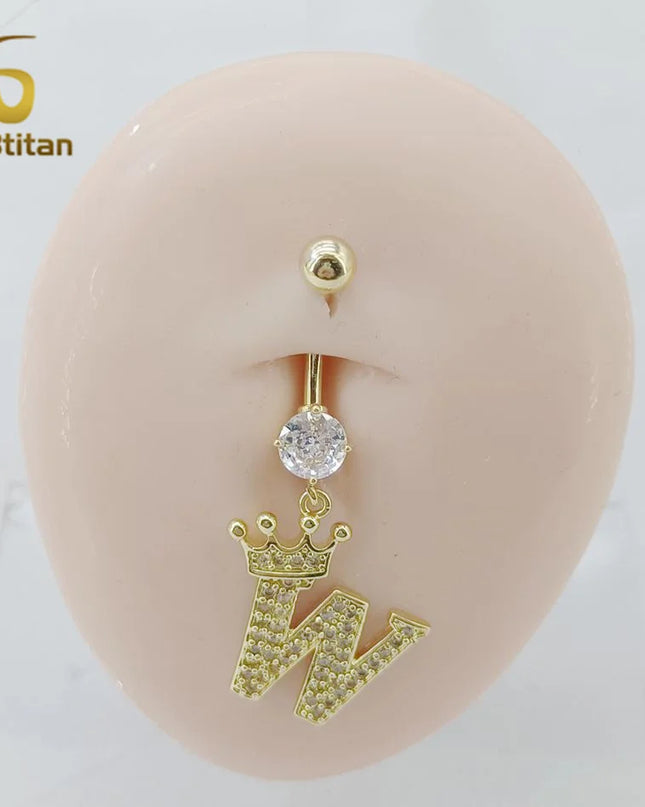A-Z 26 Letter Initial Belly Button Rings 14G Titanium Curved Barbell Golden Zircon Navel Piercing Body Jewelry Women Accessories